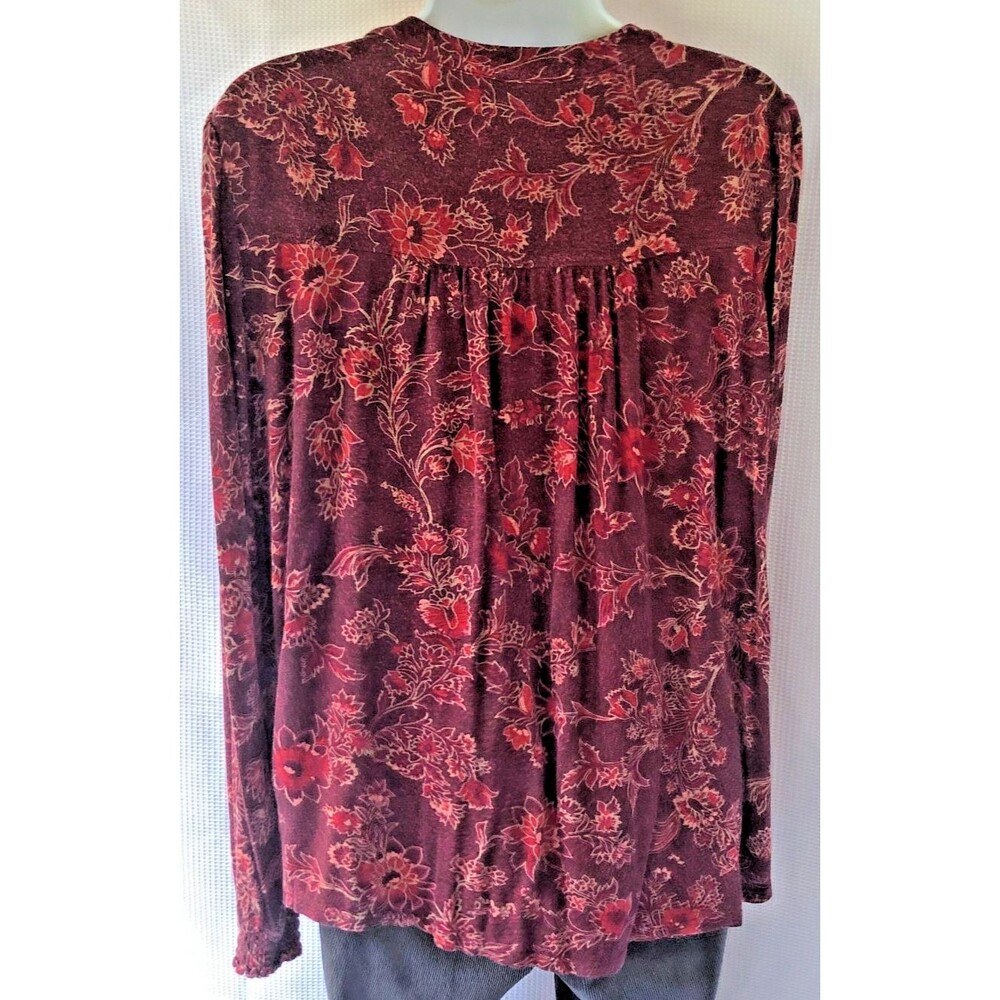 Knox Rose Women's L Knit V-Neck Button Up Top Burgundy Floral Boho - Picture 4 of 14